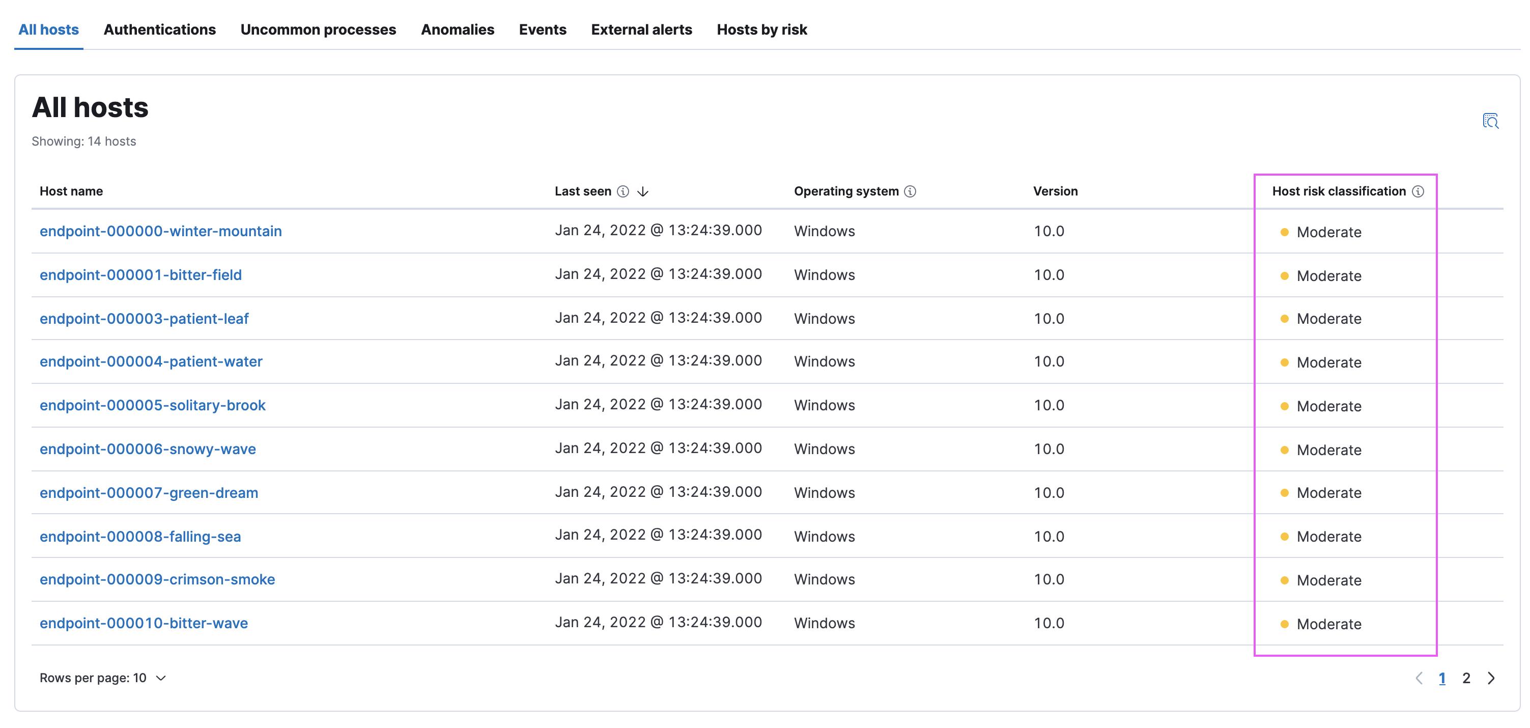 Hosts page risk classification column
